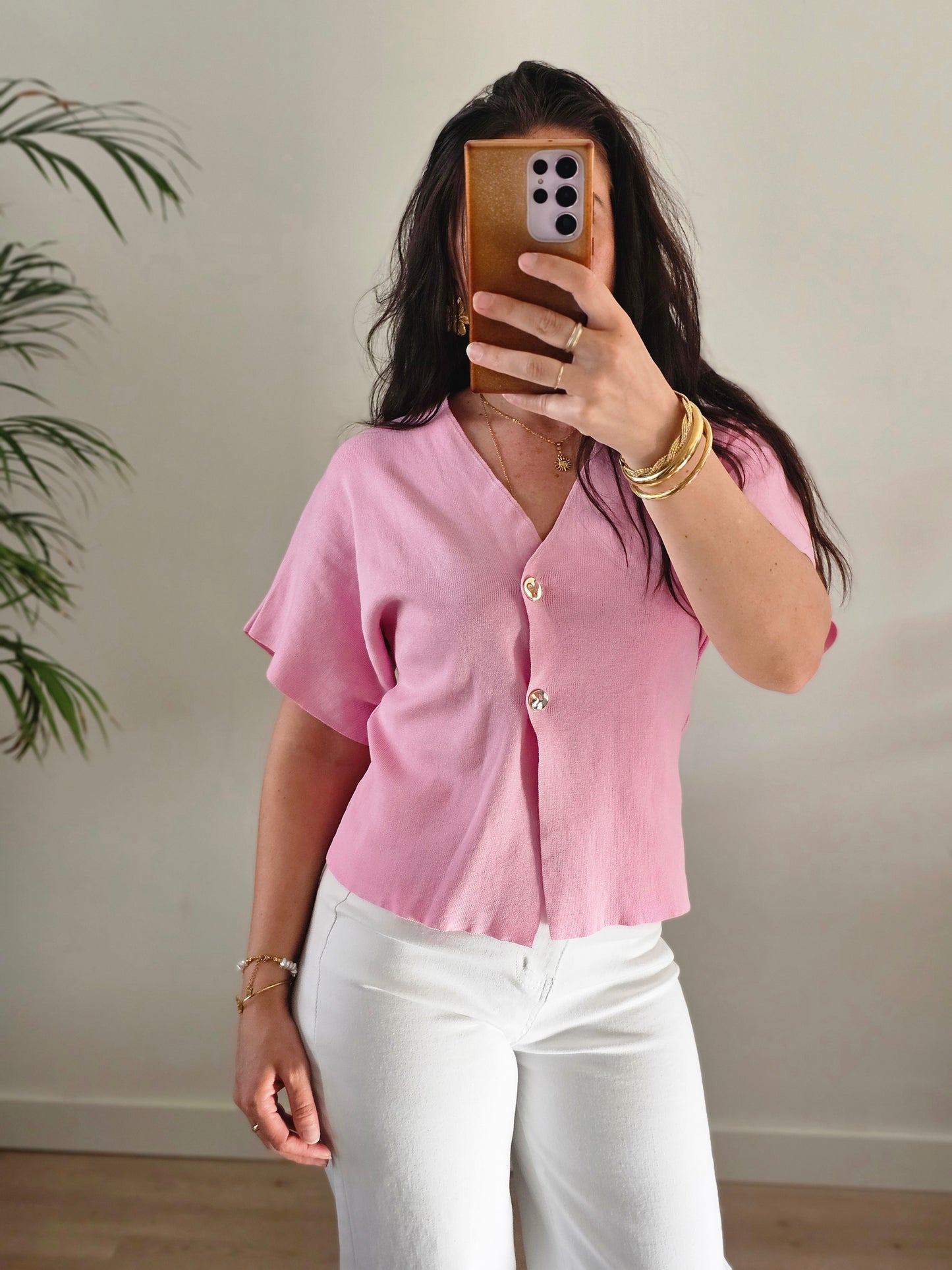 Gold button top pink