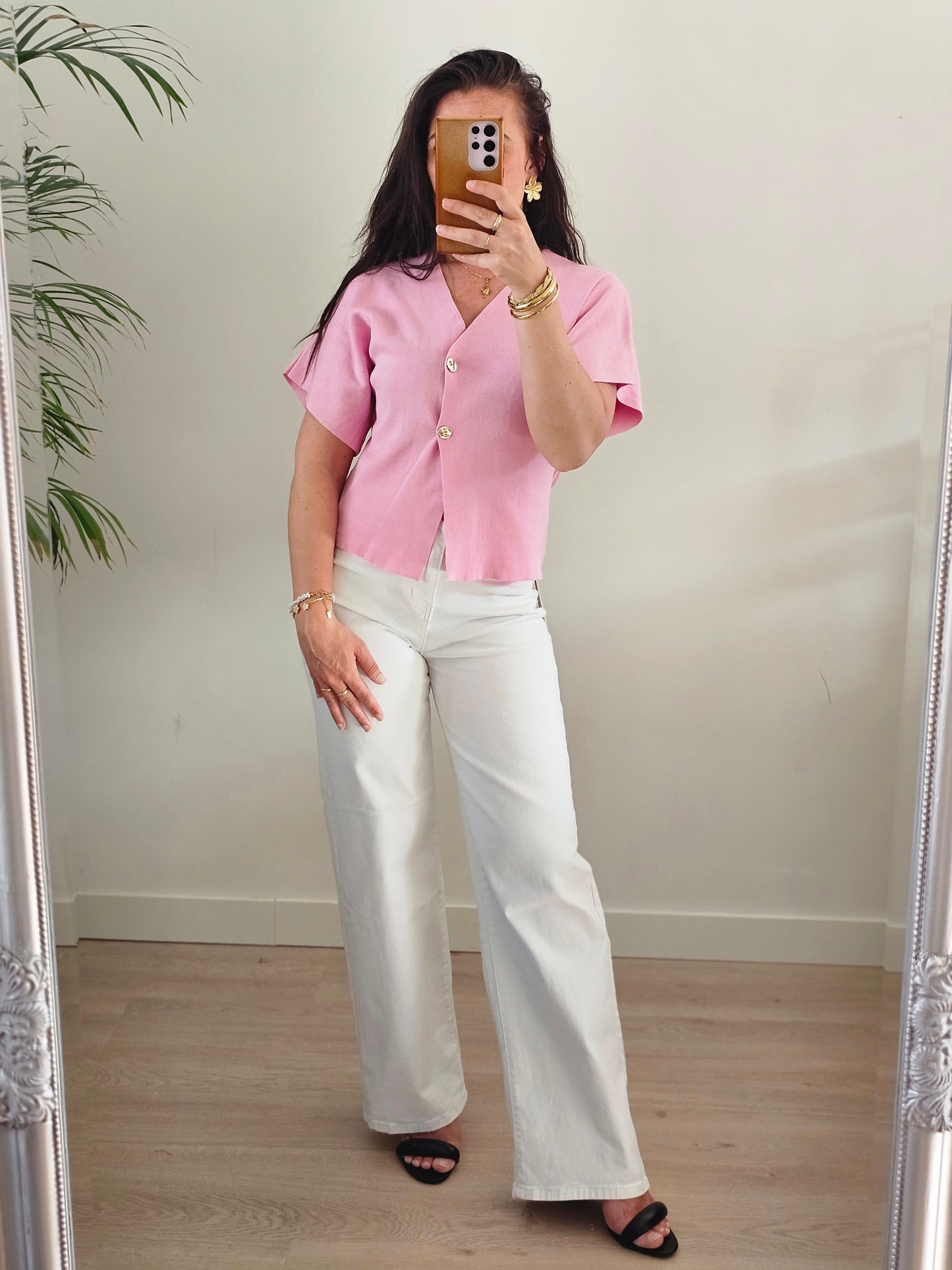 Gold button top pink