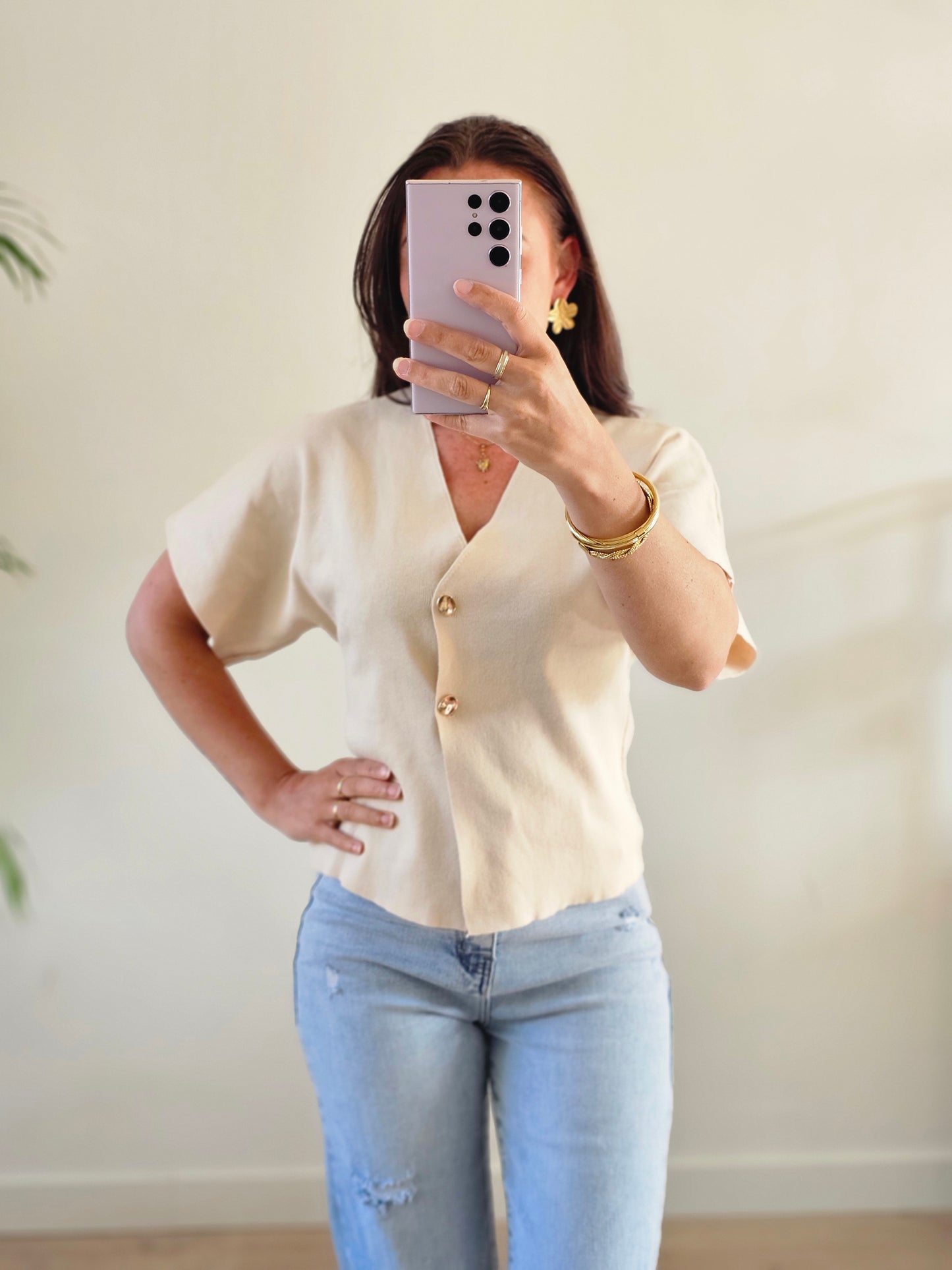 Gold button top beige