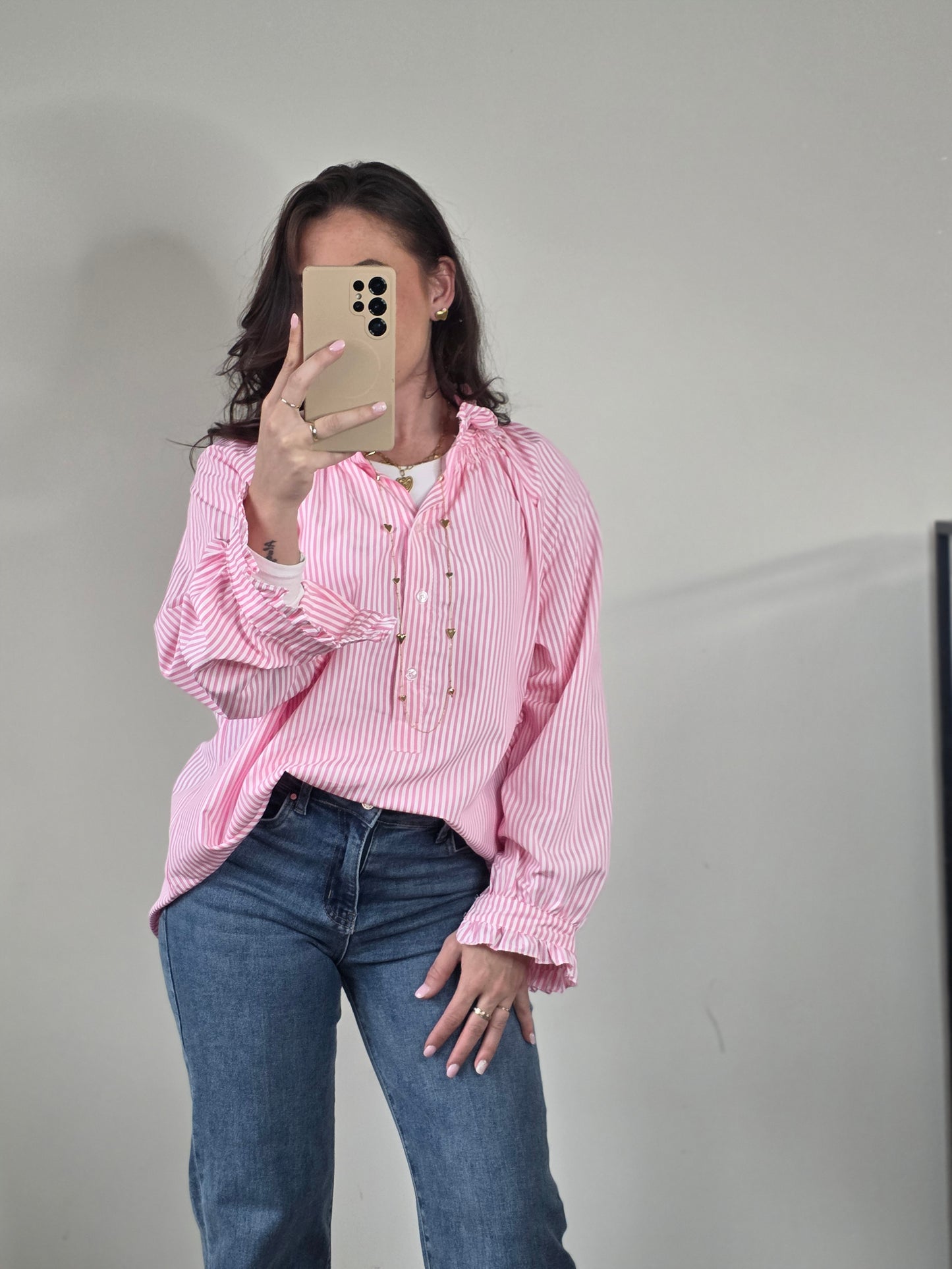 Striped ruffle blouse pink