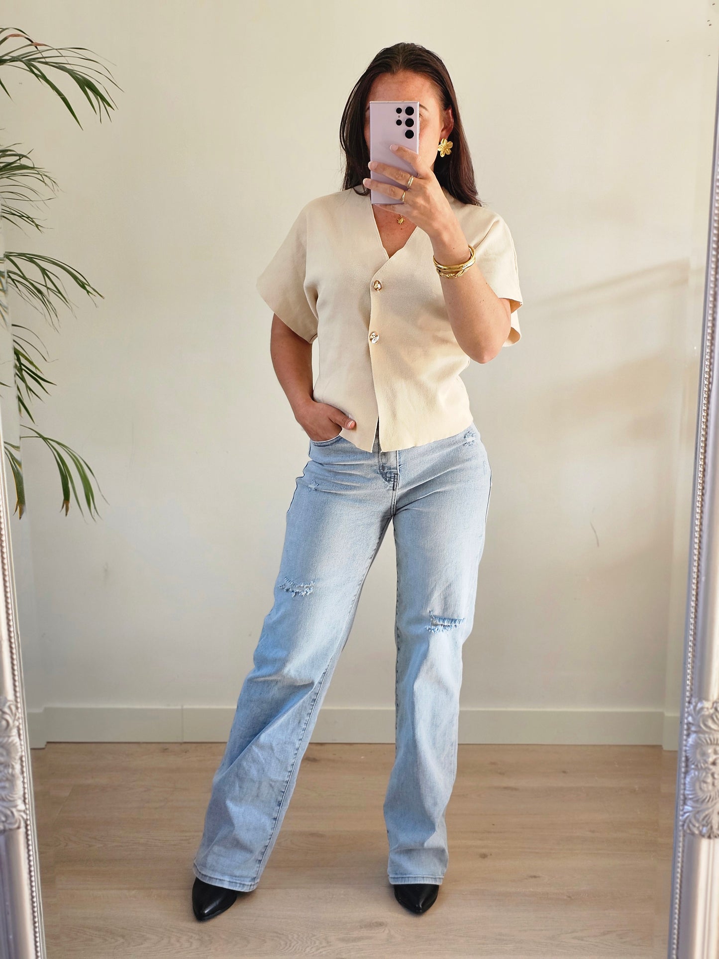 Gold button top beige