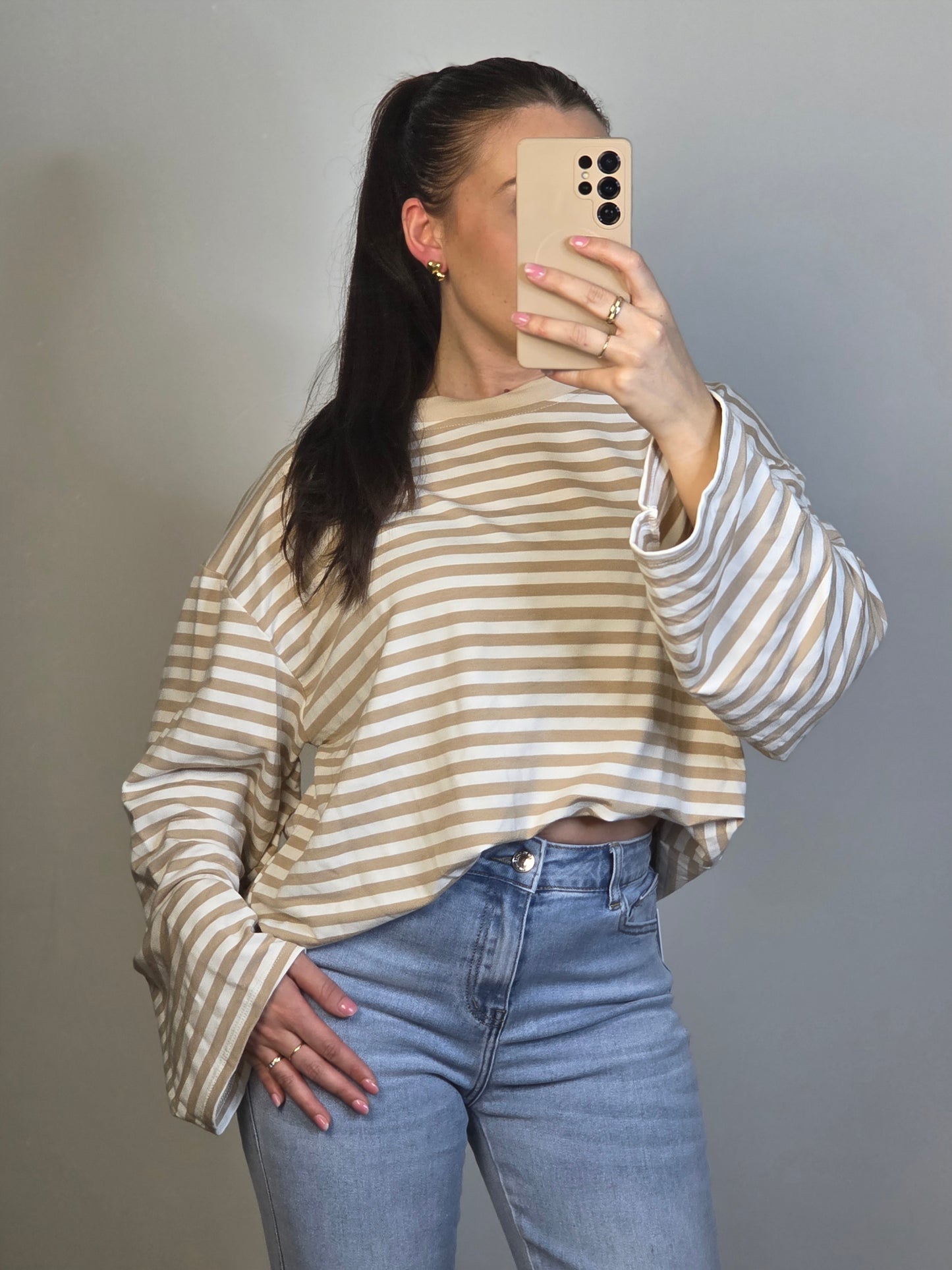 Striped longsleeve beige & white