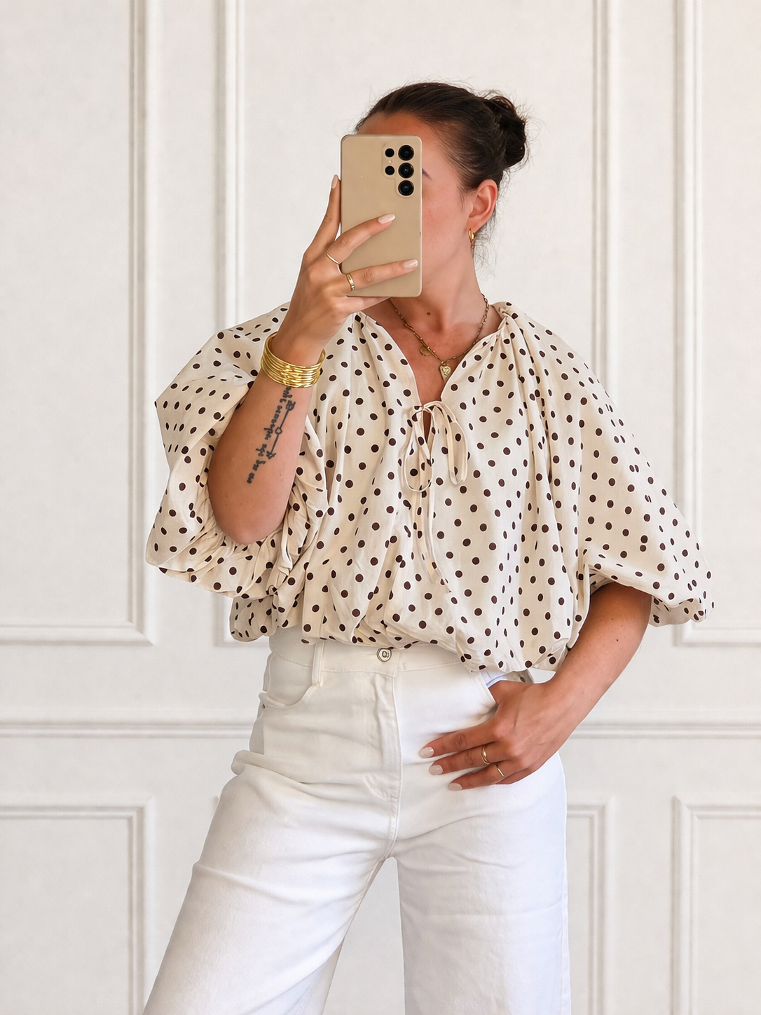 Polkadot top bruin/beige