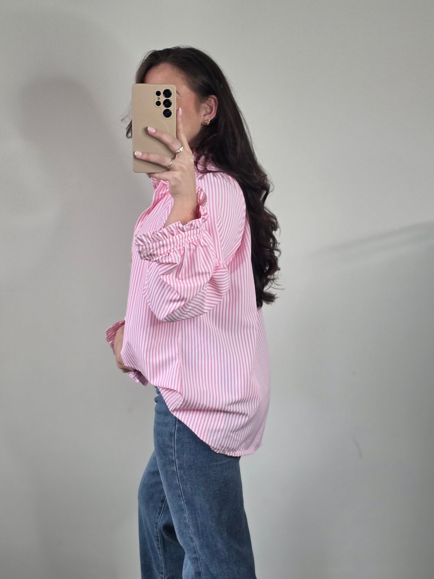 Striped ruffle blouse pink