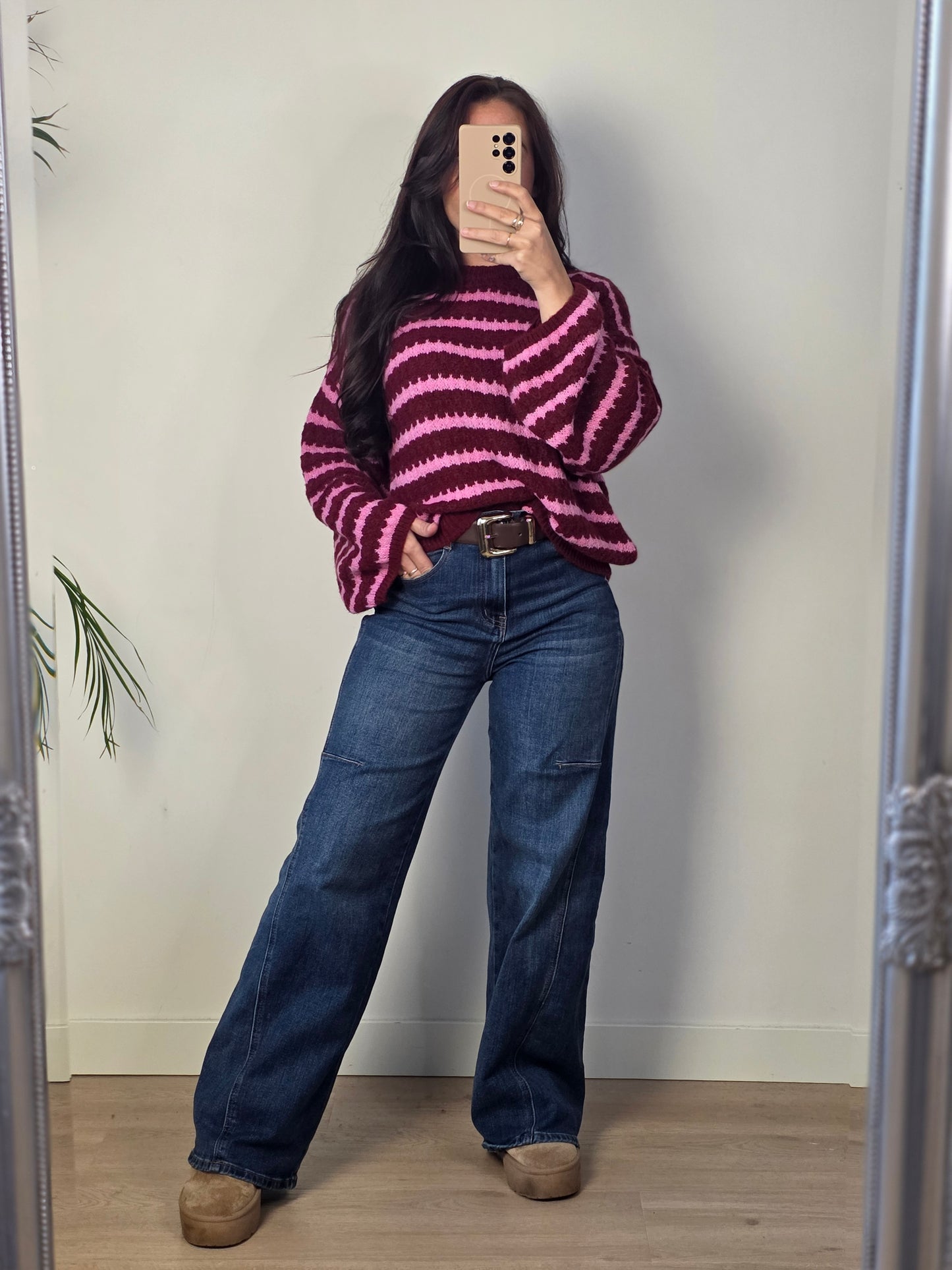 Trui streep bordeaux/roze