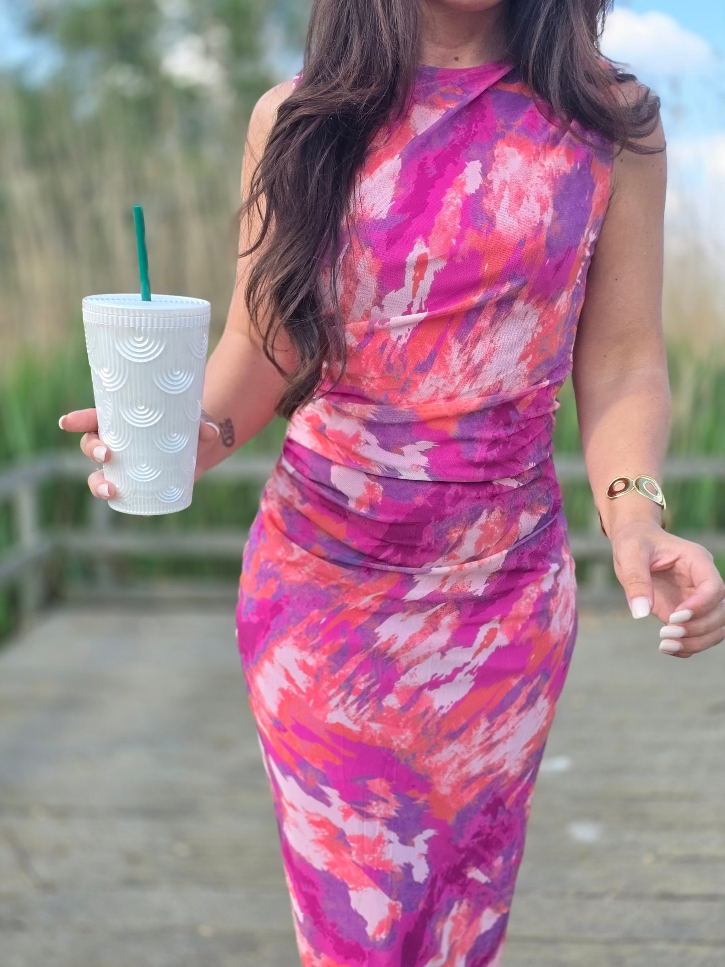 Mesh dress pink/orange