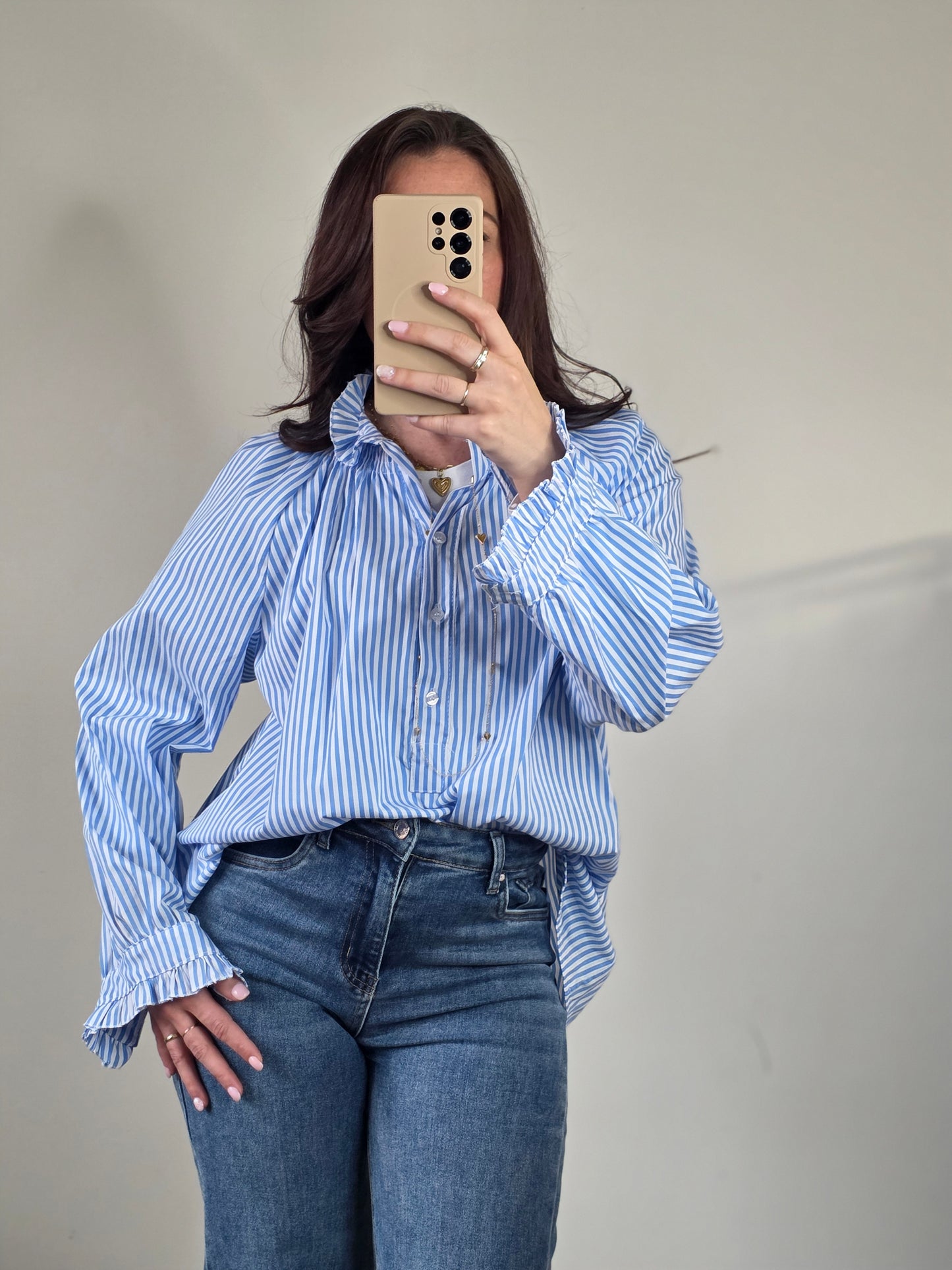Striped ruffle blouse light blue