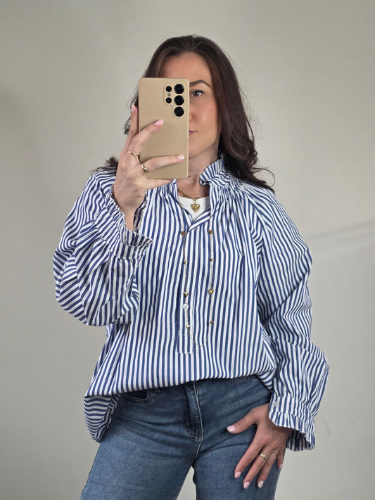Striped ruffle blouse dark blue