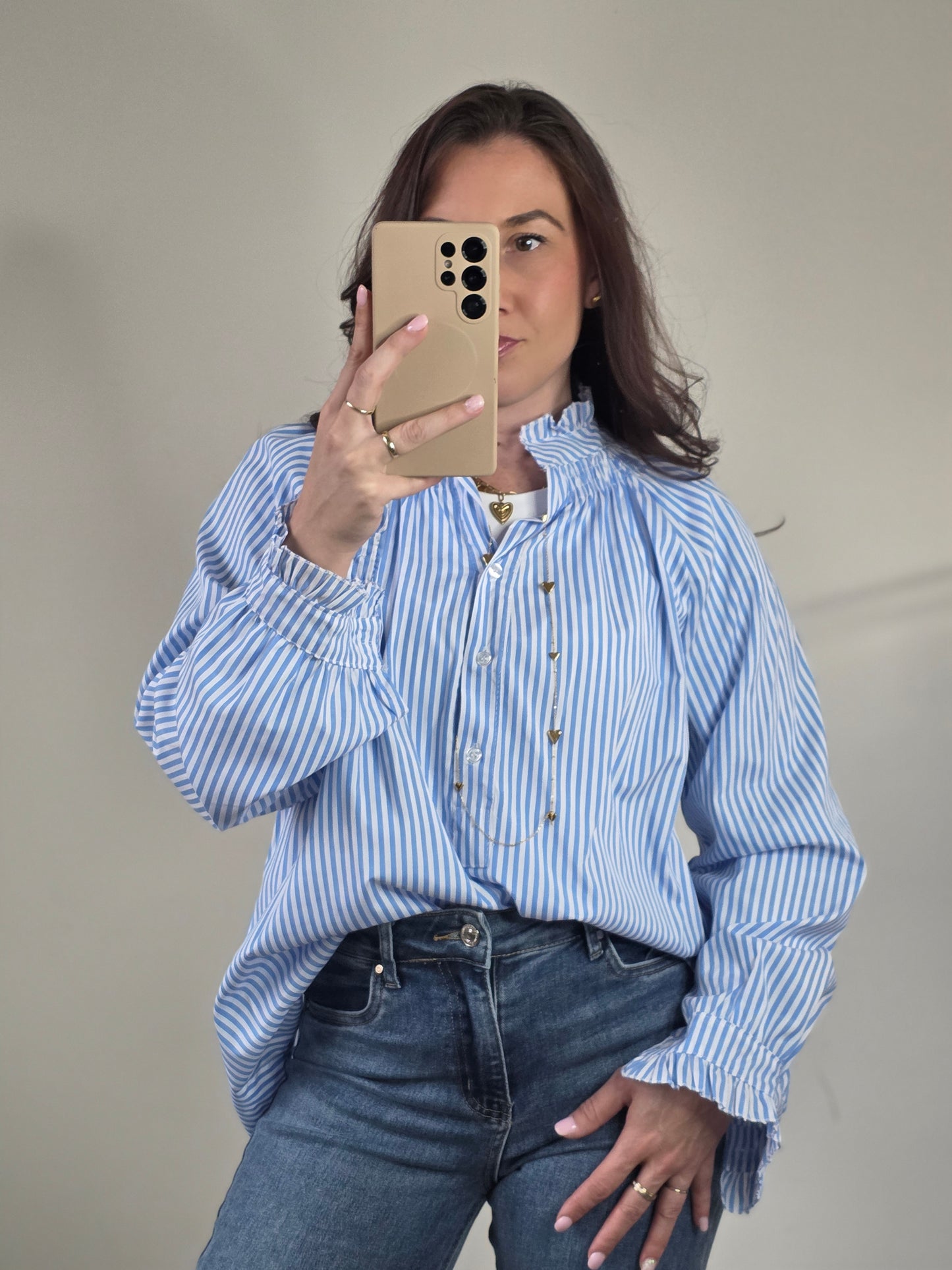 Striped ruffle blouse light blue