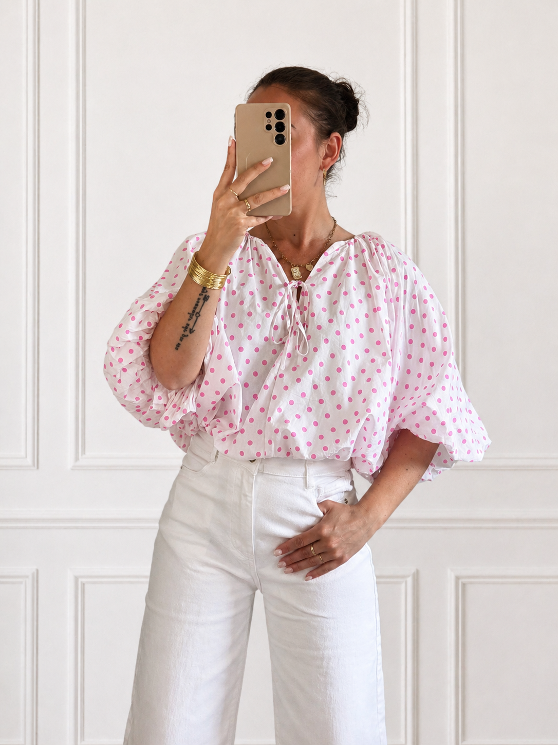 Polkadot top roze/wit