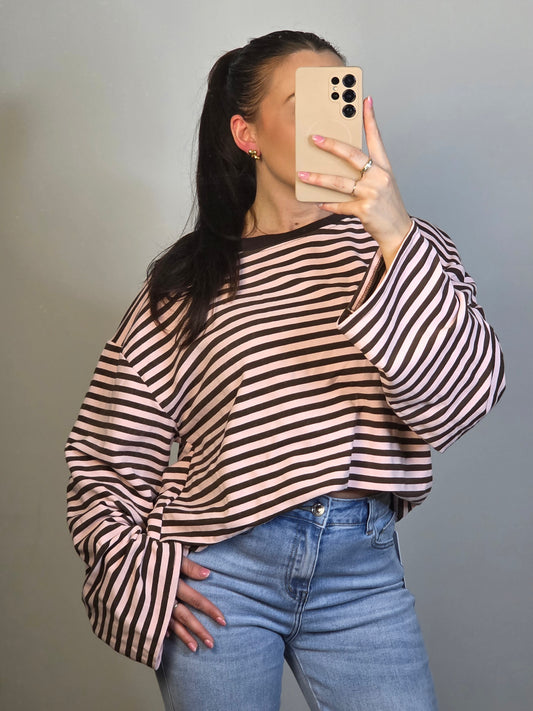 Striped longsleeve chocolate brown & pink
