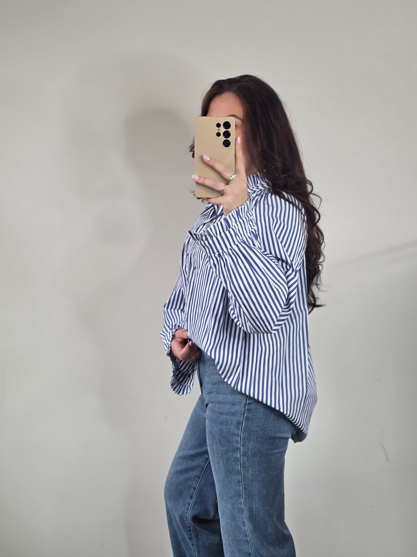 Striped ruffle blouse dark blue