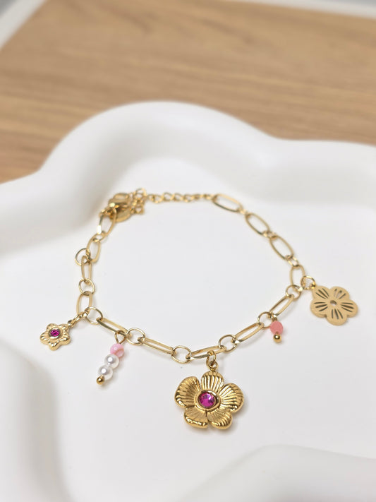 Pink flower bracelet gold