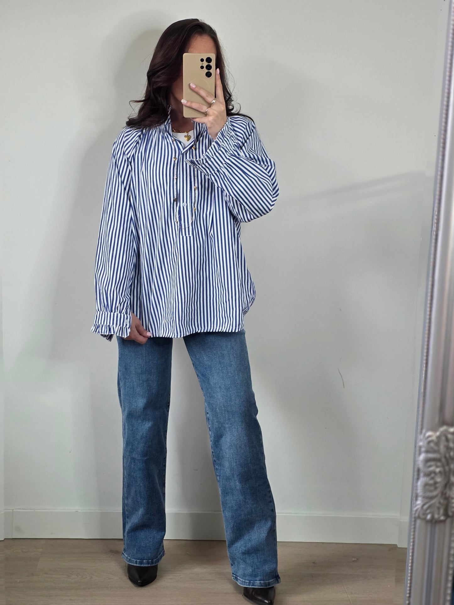 Striped ruffle blouse dark blue