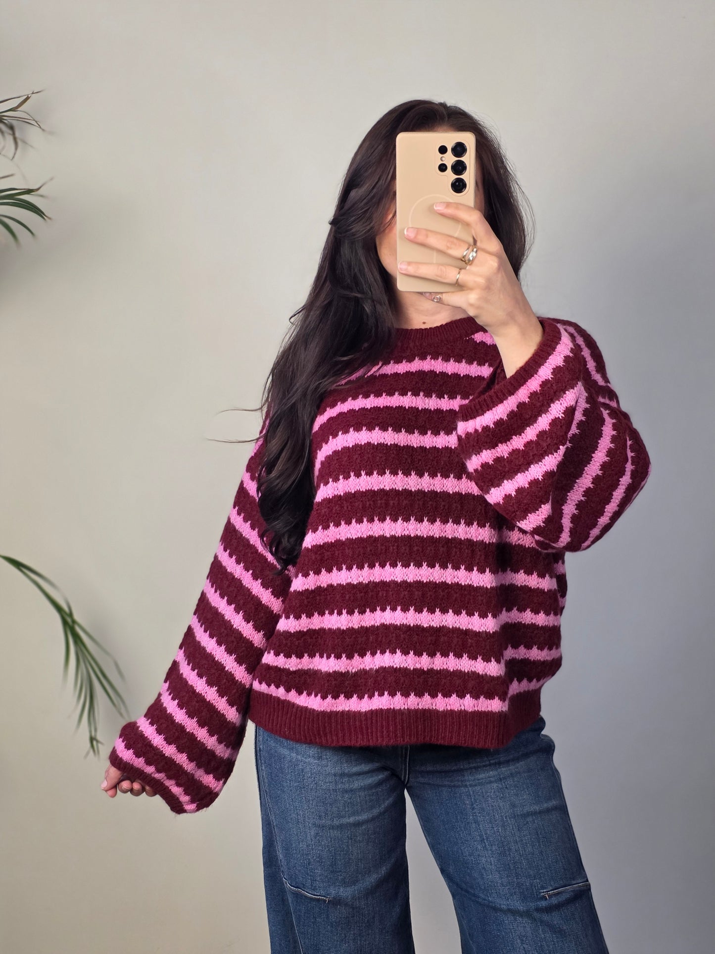 Trui streep bordeaux/roze