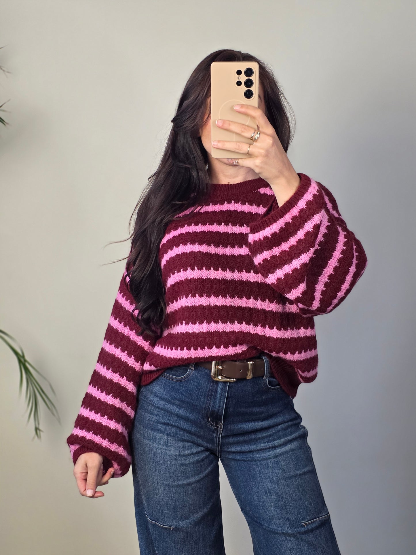 Trui streep bordeaux/roze