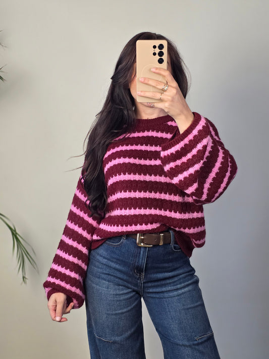 Trui streep bordeaux/roze