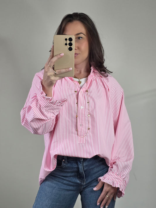 Striped ruffle blouse pink